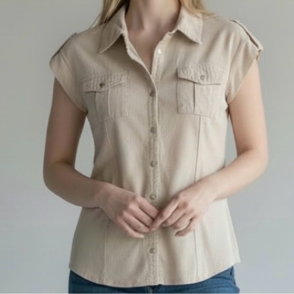 Style and Co. Cream Snap up Cotton Top